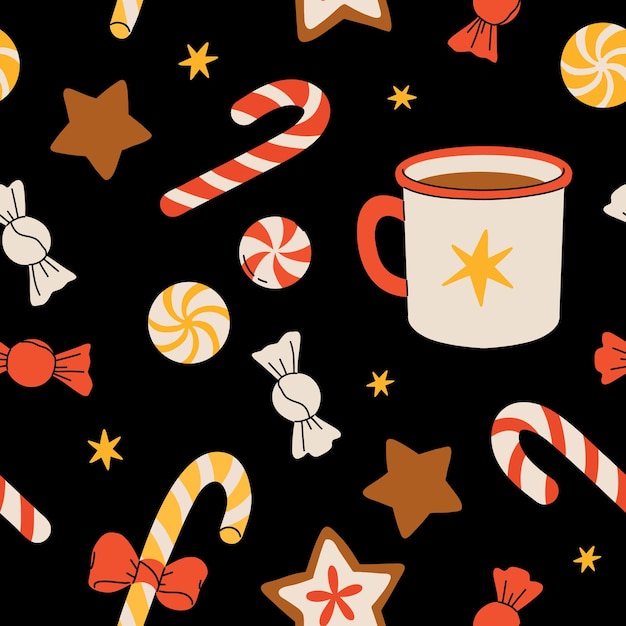 Patrón sin costuras de Navidad con bastones de caramelo taza caliente de té estrellas galletas de jengibre caramelo redondo Fondo para envolver papel tela impresión tarjetas de felicitación diseño de vacaciones de invierno