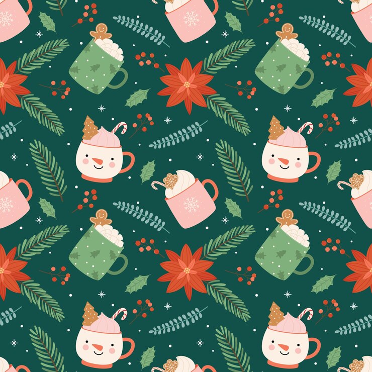 Vector patrón sin costuras de navidad con bebidas calientes dulces y plantas de invierno