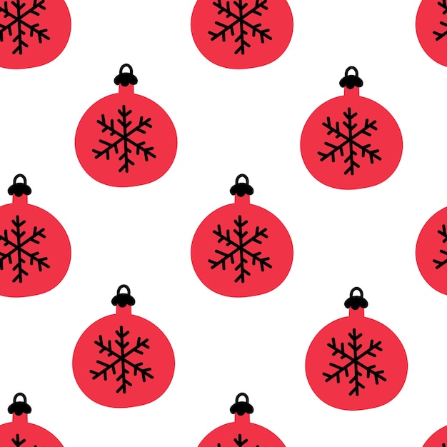 Patrón sin costuras de Navidad con bolas rojas y copos de nieve en estilo doodle
