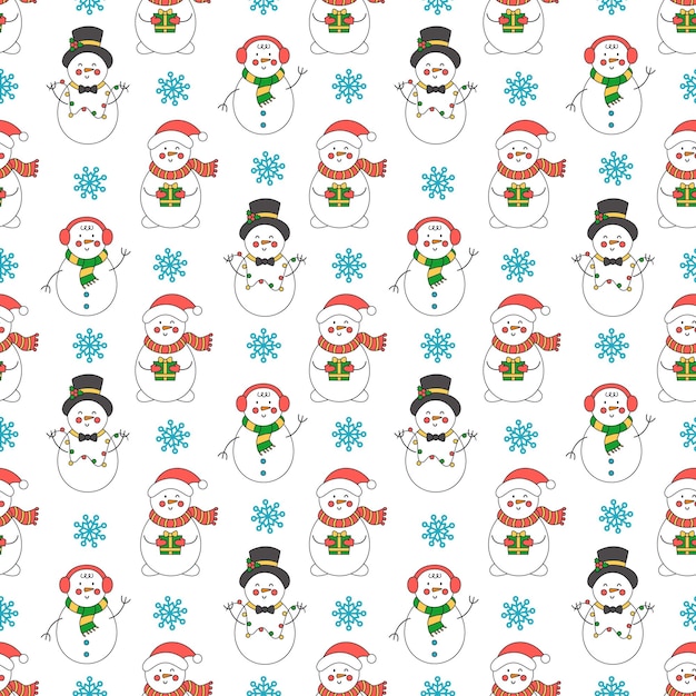 Patrón sin costuras de Navidad con bonitos muñecos de nieve de dibujos animados