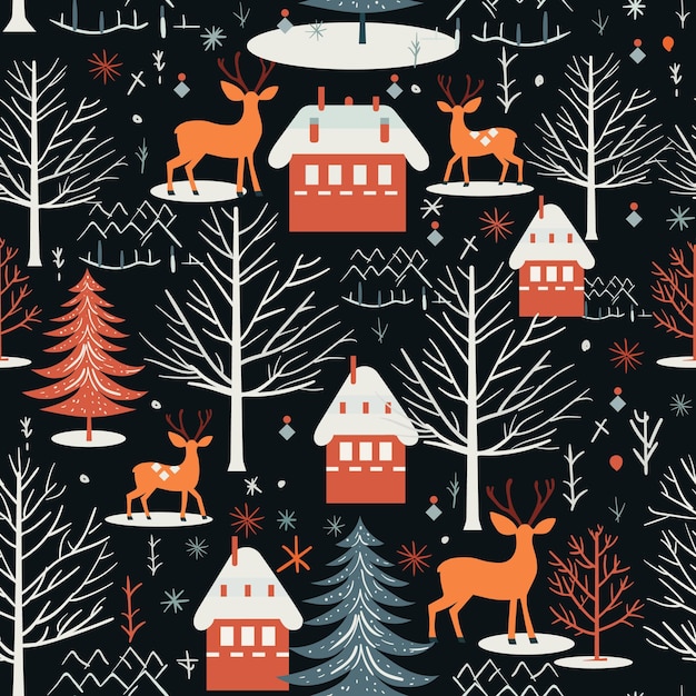 Patrón sin costuras de Navidad con bosque de invierno y ciervos de moda estilo retro
