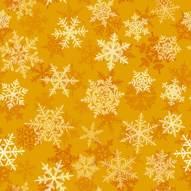 Patrón sin costuras de navidad con copos de nieve grandes y pequeños complejos blancos sobre fondo amarillo