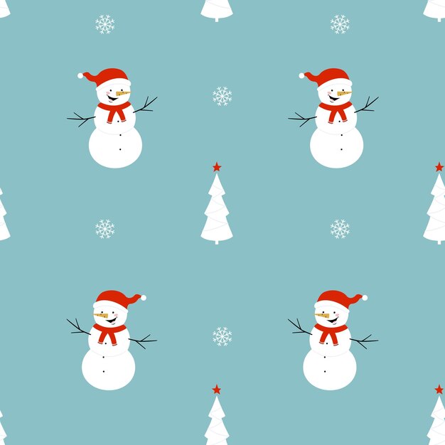 Patrón sin costuras de Navidad con copos de nieve de muñeco de nieve y árbol de Navidad