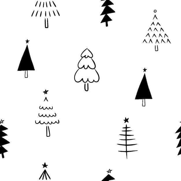 Patrón sin costuras de Navidad dibujado a mano con árboles de Navidad decorativos