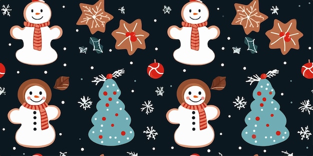 Patrón sin costuras de Navidad con dulces de muñeco de nieve y diseño de invierno de pan de jengibre