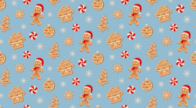 Patrón sin costuras de Navidad con dulces de pan de jengibre y copos de nieve en fondo azul