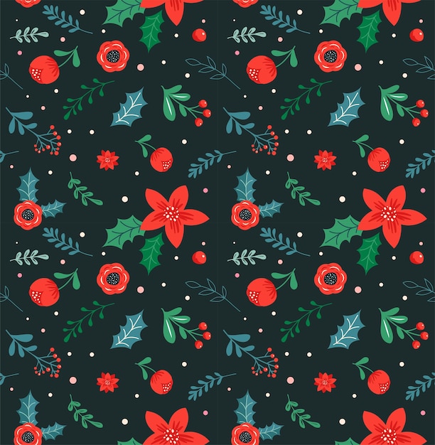 Patrón sin costuras de Navidad e ilustraciones botánicas de fondo abstractas con flores y hojas rojas
