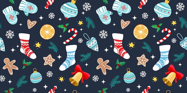 Patrón sin costuras de Navidad con elementos festivos, juguetes de Navidad, ramas de abeto, calcetines y campana.