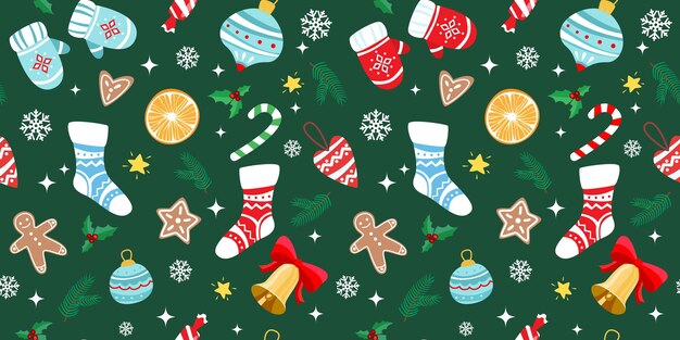 Patrón sin costuras de Navidad con elementos festivos sobre fondo verde