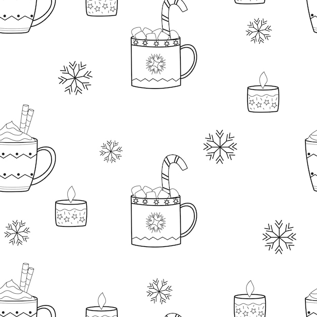 Patrón sin costuras de navidad para envolver papel fondo festivo en blanco y negro con tazas, velas y copos de nieve