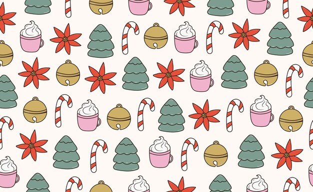 El patrón sin costuras de Navidad en el estilo Groovy Retro de los años 70 personaje de dibujos animados Candy tree poinsettia be