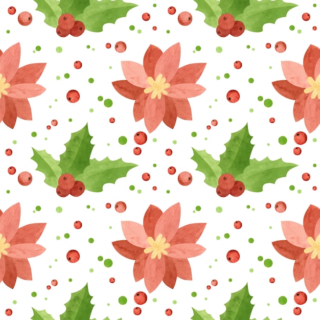 Patrón sin costuras de navidad con flores de nochebuena y hojas de acebo papel digital de vacaciones | Vector Premium Patrón sin costuras de navidad con flores de nochebuena y hojas de acebo papel digital de vacaciones | Vector Premium