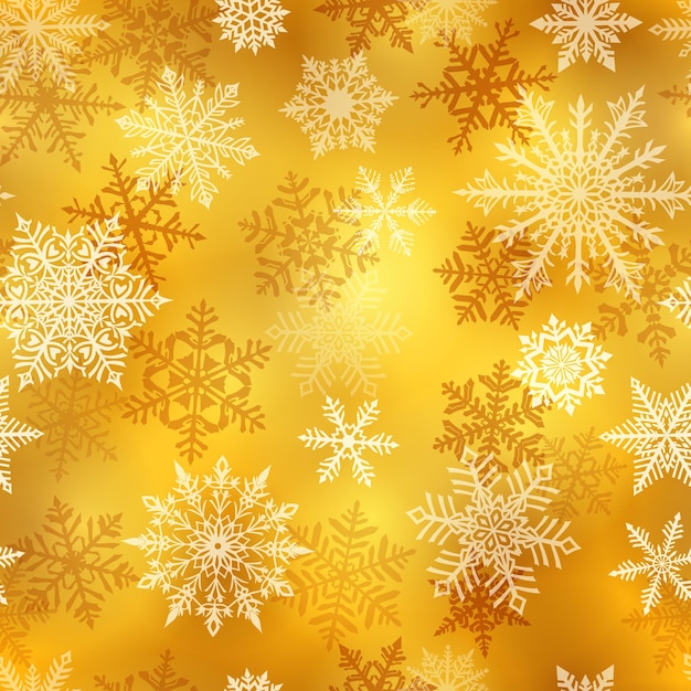 Patrón sin costuras de Navidad de hermosos copos de nieve blancos complejos sobre un fondo amarillo Ilustración de invierno con nieve cayendo