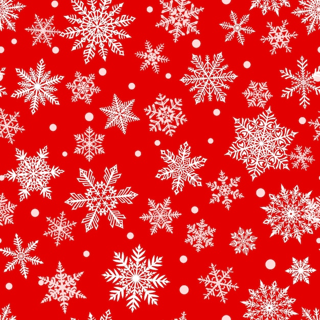 Patrón sin costuras de Navidad de hermosos copos de nieve blancos complejos sobre fondo rojo Ilustración de invierno con nieve que cae