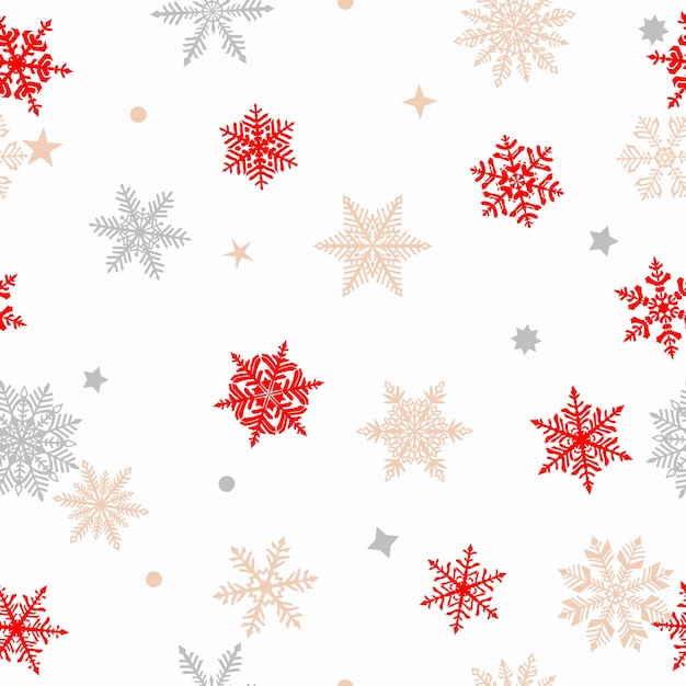 Patrón sin costuras de Navidad de hermosos copos de nieve grises rojos y marrones complejos sobre un fondo blanco Ilustración de invierno con nieve cayendo