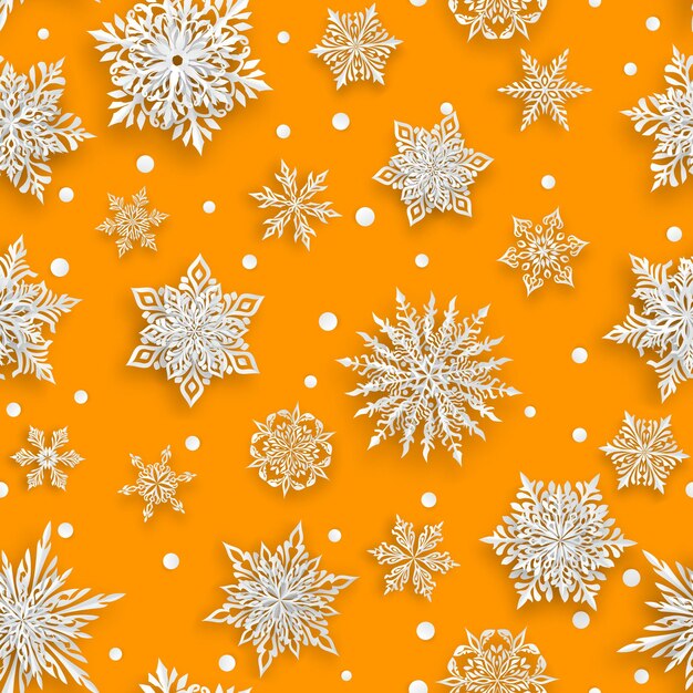 Patrón sin costuras de Navidad con hermosos copos de nieve de papel complejo blancos sobre fondo amarillo