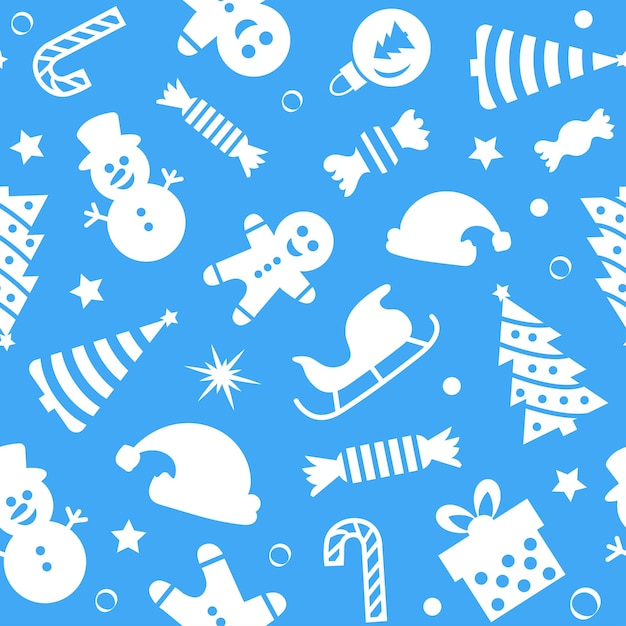 Patrón sin costuras de Navidad de iconos sobre fondo azul en estilo plano Ilustración vectorial