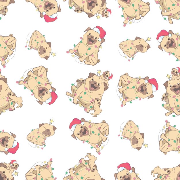 Patrón sin costuras de Navidad con la imagen de pequeños cachorros lindos en el sombrero de Papá Noel
