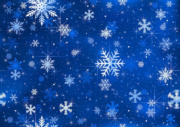 Patrón sin costuras de navidad de invierno con copos de nieve brillantes sobre fondo azul