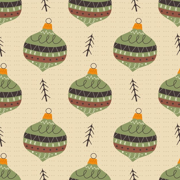 Patrón sin costuras de Navidad con juguetes y árboles verdes de árbol de Navidad Fondo de papel tapiz de vacaciones lindo con elementos decorativos Ilustración vectorial de stock en fondo claro