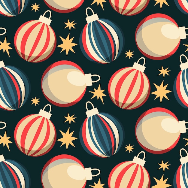 Patrón sin costuras de Navidad con juguetes redondos de árbol de Navidad y confeti de estrellas figura redonda brillante