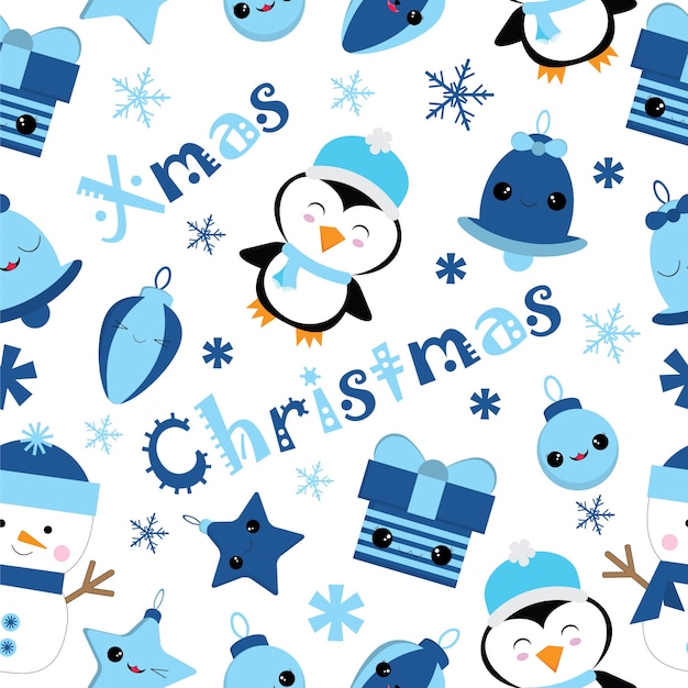 Patrón sin costuras de Navidad con lindo pingüino y ornamentos de Navidad