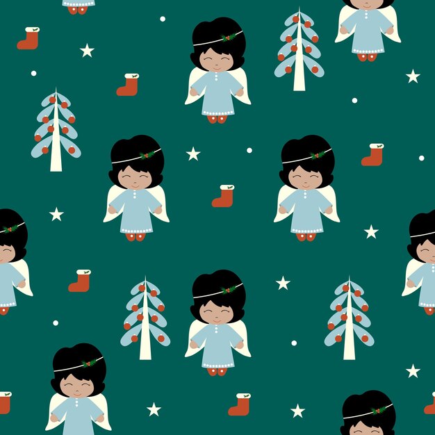Patrón sin costuras de Navidad con lindos ángeles Árbol de Navidad Nieve y calcetín para regalo y estrellas