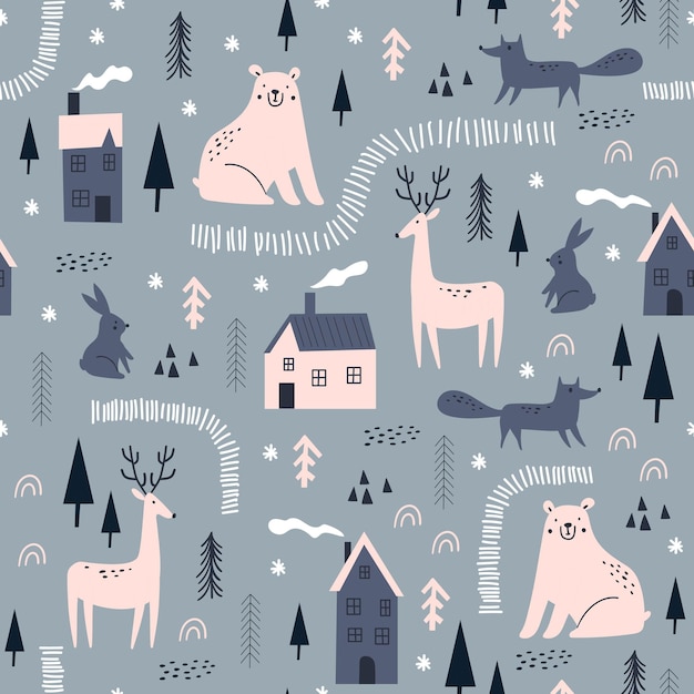 Vector patrón sin costuras de navidad con lindos animales del bosque. ilustraciones vectoriales