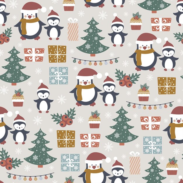 Patrón sin costuras de Navidad con lindos pingüinos, regalos de Año Nuevo, árboles y otros elementos.