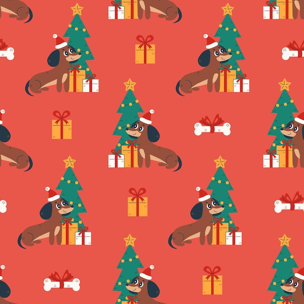 Patrón sin costuras de Navidad para mascotas con árbol para perros Dachshund Perro Perro de regalo y símbolos tradicionales de vacaciones