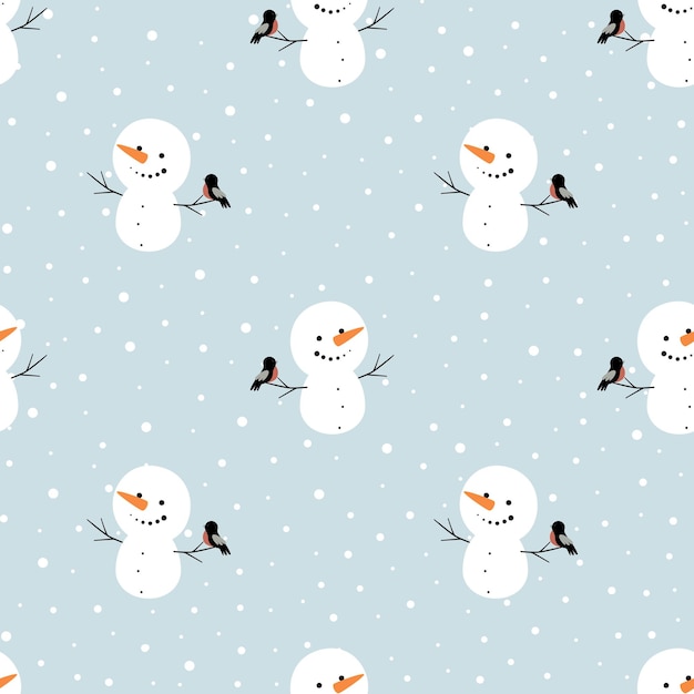 Patrón sin costuras de Navidad con muñeco de nieve sonriente y pinzón