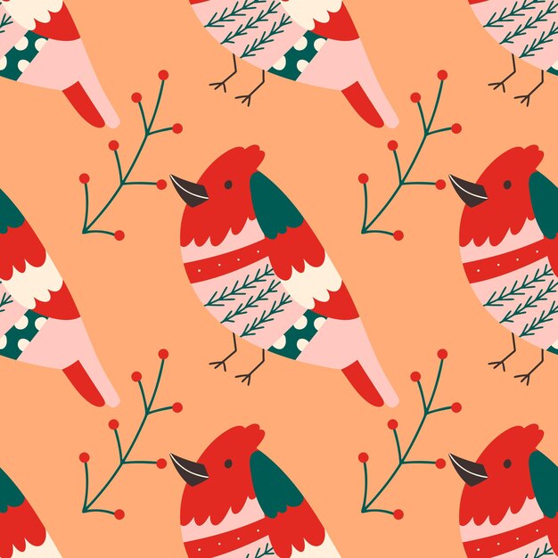 Patrón sin costuras de Navidad con pájaro y acebo Ilustración de impresión vectorial dibujada a mano