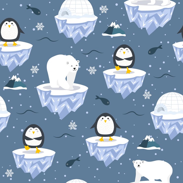 Vector patrón sin costuras de navidad con pingüino en témpano de hielo