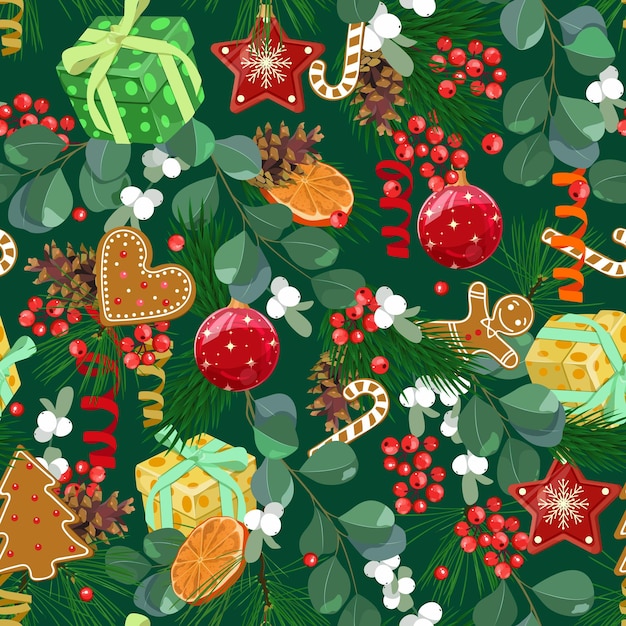 El patrón sin costuras de Navidad con poinsettia, bolas de Navidad, pan de jengibre.