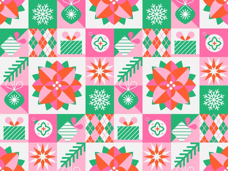 Vector patrón sin costuras de navidad con poinsettia y elementos geométricos de vacaciones de invierno en estilo plano