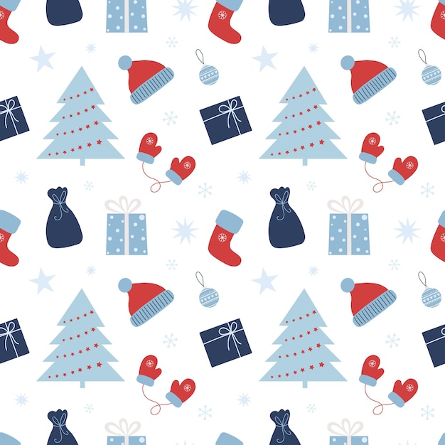 Patrón sin costuras de navidad con regalos bola de árbol de navidad y copos de nieve
