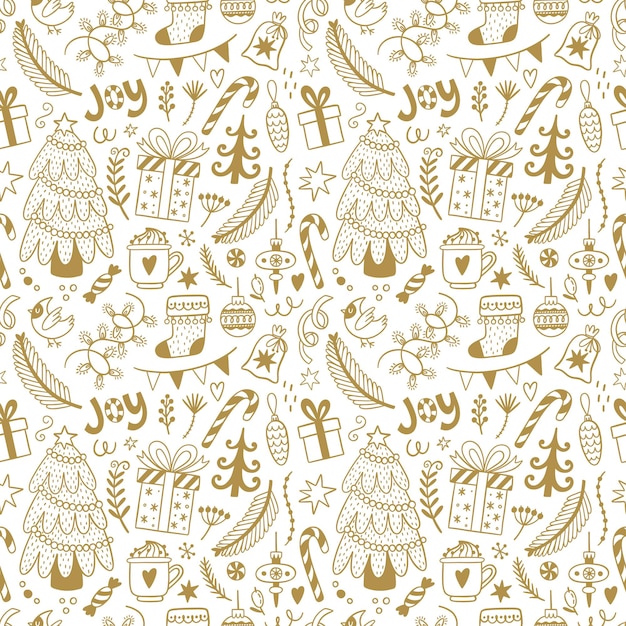 Patrón sin costuras de Navidad con símbolos tradicionales de vacaciones en estilo garabato. Textura vectorial