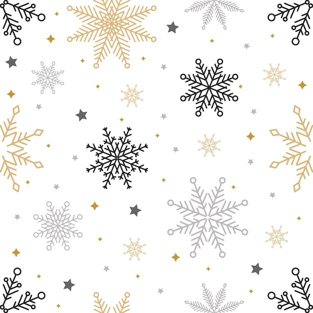 Patrón sin costuras de Navidad simple Copos de nieve con diferentes adornos sobre fondo blanco