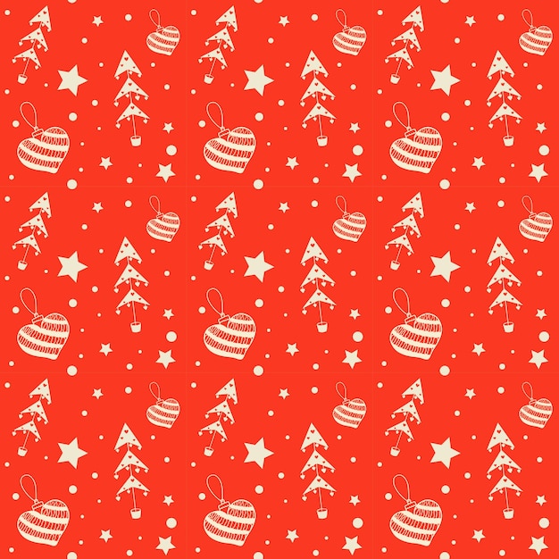 Patrón sin costuras para Navidad sobre fondo rojo árbol de Navidad corazón estrella patrón romántico