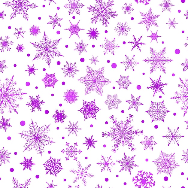 Patrón sin costuras de Navidad de varios complejos copos de nieve grandes y pequeños de color púrpura sobre fondo blanco