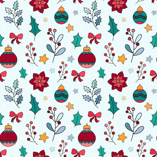 Patrón sin costuras navideño con elementos decorativos sobre un fondo azul claro para envolver telas
