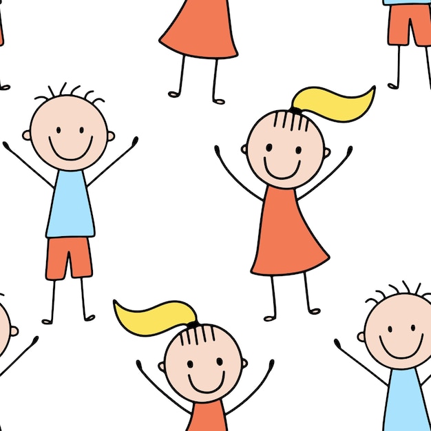 Patrón sin costuras con una niña y un niño felices y sonrientes