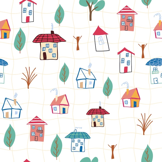 Patrón sin costuras para niños con casa doodle para colorear elemento casa patrón lindas casas coloridas niños divertidos decoración