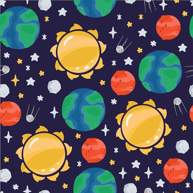 Patrón sin costuras para niños espaciales con planetas, cohetes en estilo de dibujos animados. Linda textura para el diseño de la habitación de los niños, papel pintado, textiles, papel de envolver, ropa. ilustración vectorial