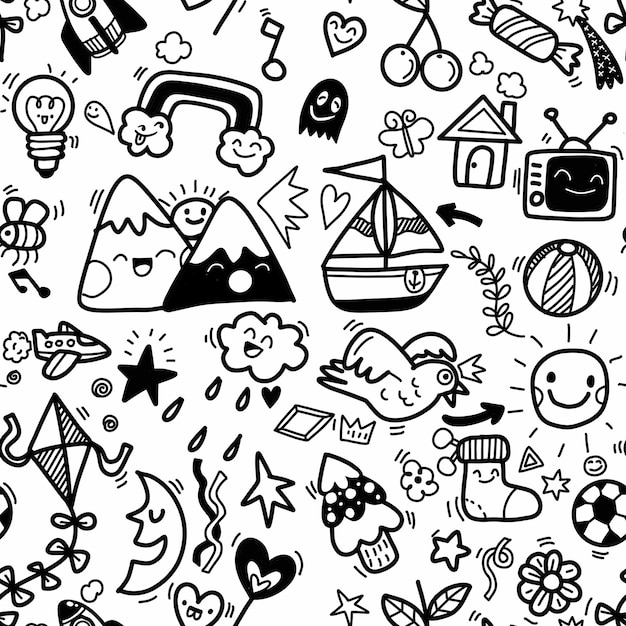Patrón sin costuras con niños lindos ilustración vectorial Conjunto dibujado a mano de lindos garabatos para decoración sobre fondo blanco Divertido Doodle sin costuras