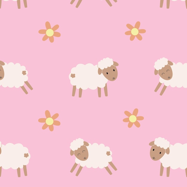 Patrón sin costuras para niños ovejas bonitas y simples con flores fondo para embalaje de tela textil