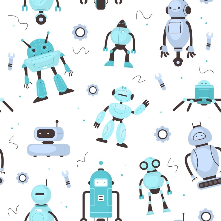 Vector patrón sin costuras niños robots divertido infantil robótico mascota escuela inventos tecnología moderna diferentes proporciones juguetes mecánicos decoración textil papel de envolver papel tapiz vector impresión o tela