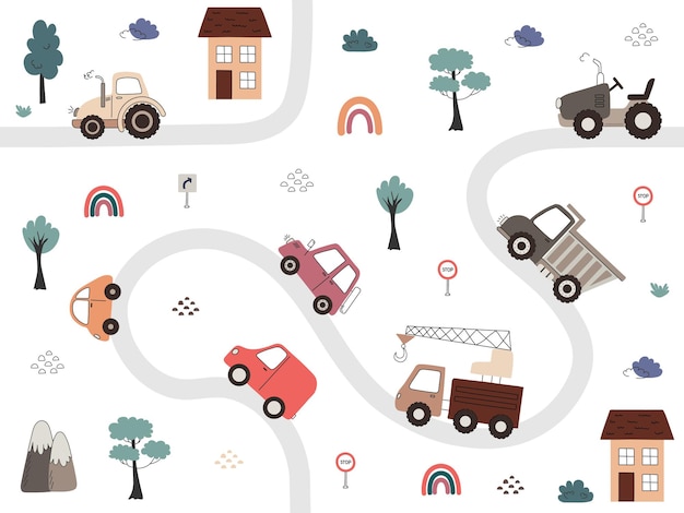 Patrón sin costuras para niños con vehículos coloridos como coches camiones tractores y carreteras y casas