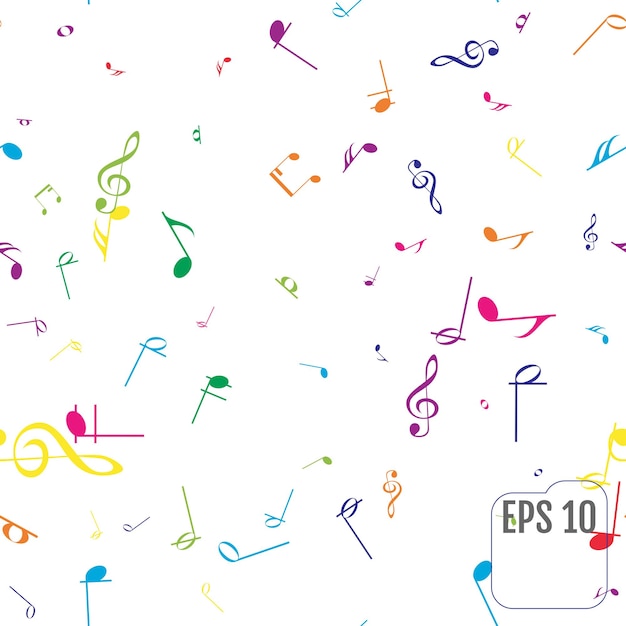 Patrón sin costuras con notas musicales coloridas Notas musicales de color Celebración de confeti Decoración del festival Patrón sin costura vectorial sobre fondo blanco