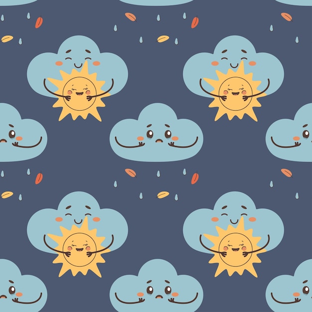 Patrón sin costuras nube triste llorando lluvia y ilustración vectorial nublada